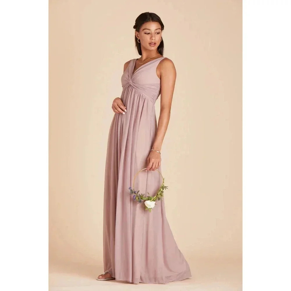 NWT Birdy Grey Lianna Maxi Dress Twisted V-Neck Empire Waist Mesh Mauve Size XS